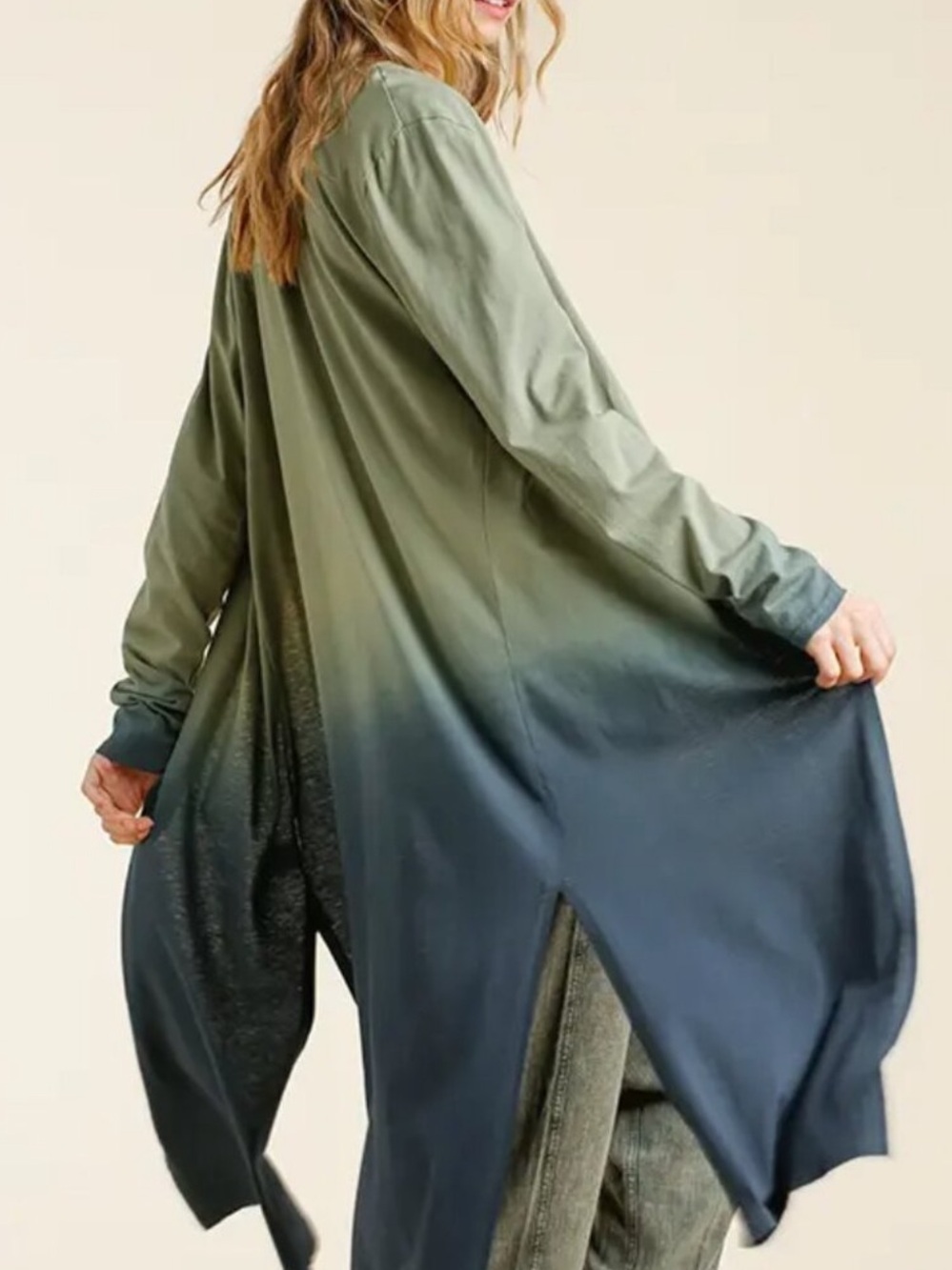 Umgee Ombre Lightweight Open Front Long Cardigan Green Blue NEW - Picture 2 of 3